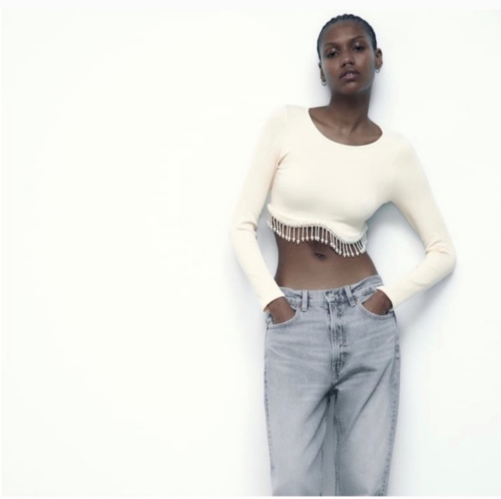 New with tags Zara pearl embellished cream crop top XS